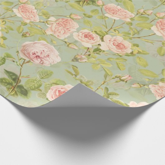 Precious Pink Redouté Rozen Pattern Green Cadeaupapier (Hoek)