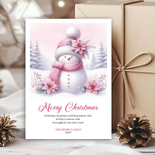 Precious pink snowman kids card editable  feestdagenkaart