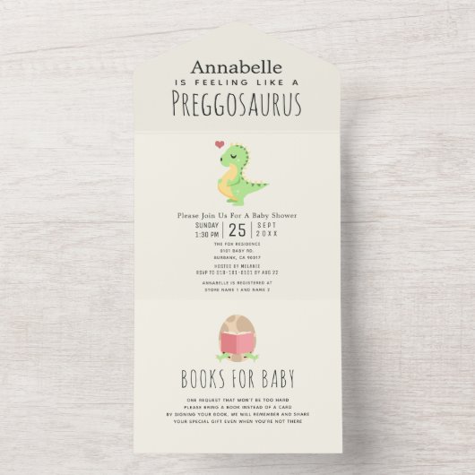 Preggosaurus Schattige Funny Dinosaur Baby shower All In One Uitnodiging (Binnen)
