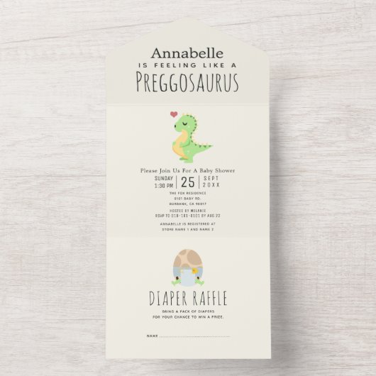 Preggosaurus Schattige Funny Dinosaur Baby shower All In One Uitnodiging (Binnen)