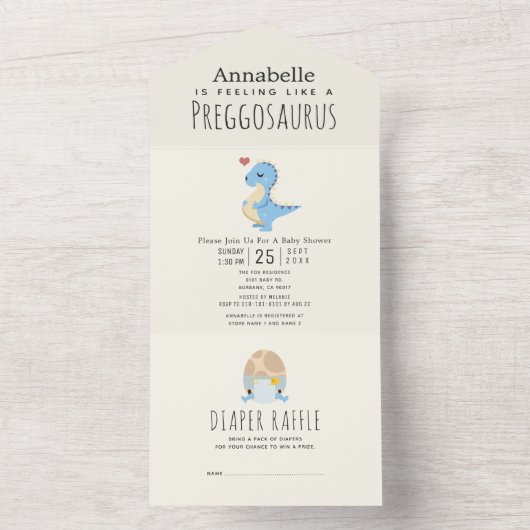Preggosaurus Schattige Funny Dinosaur Boy Baby sho All In One Uitnodiging (Binnen)