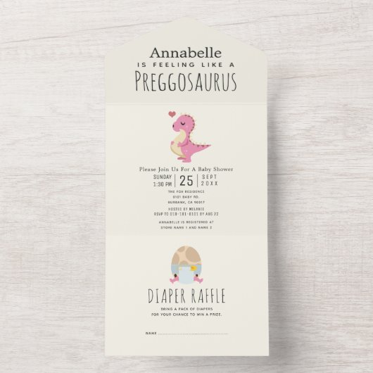 Preggosaurus Schattige Funny Dinosaur Girl Baby sh All In One Uitnodiging (Binnen)