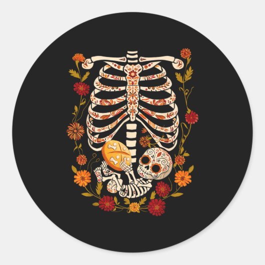 Pregnancy Skeleton Dia De Los Muertos Mexican Bell Ronde Sticker (Voorkant)