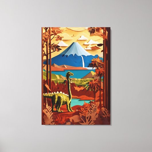 Prehistoric Serenity: Paper Cut Dinosaur Landscape Canvas Afdruk (Voorkant)