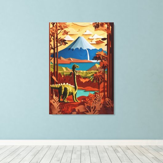 Prehistoric Serenity: Paper Cut Dinosaur Landscape Canvas Afdruk (Insitu (Houten vloer))