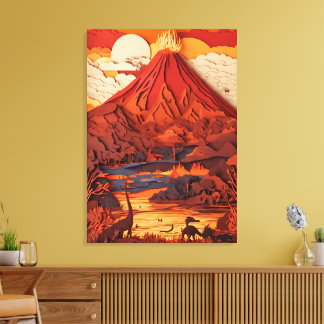 Prehistoric Volcanic Landscape in Paper Cut Art Canvas Afdruk