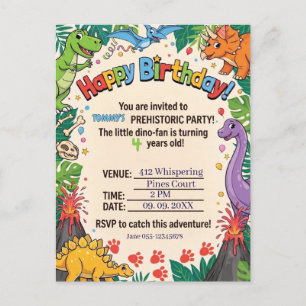 Prehistorisch dinosauruskinderen verjaardagsfeestj uitnodiging briefkaart