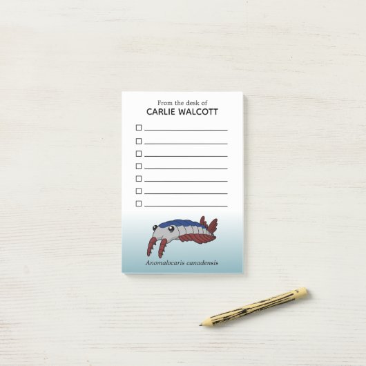 Prehistorische dierlijke anomalocaris met checklis post-it® notes (Op bureau)