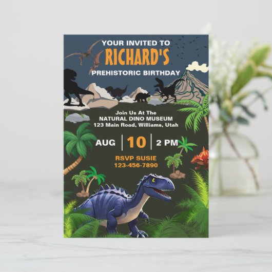 Prehistorische Dinosaur Theme Birthday Party Kaart (Staand voorkant)