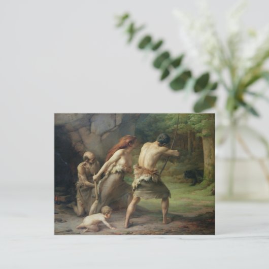 Prehistorische Man Hunting Beren, 1832 Briefkaart (Staand voorkant)