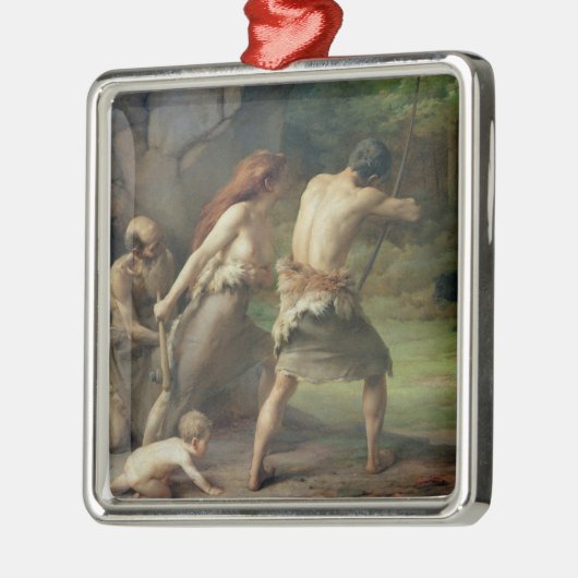 Prehistorische Man Hunting Beren, 1832 Metalen Ornament (Links)