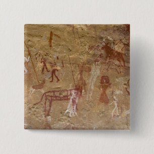 Prehistorische rotstekeningen, Akakus, Sahara Vierkante Button 5,1 Cm