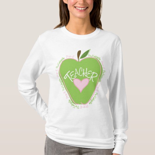 Prek leraar roze en groene appel t-shirt (Voorkant)
