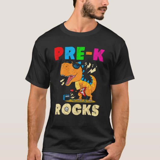 Prek Rocks Rex Dinosaur Guitar 1e schooldag T-shirt (Voorkant)