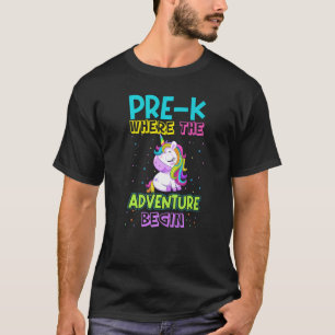 Prek waar het avontuur begint schattige eenhoorn t t-shirt