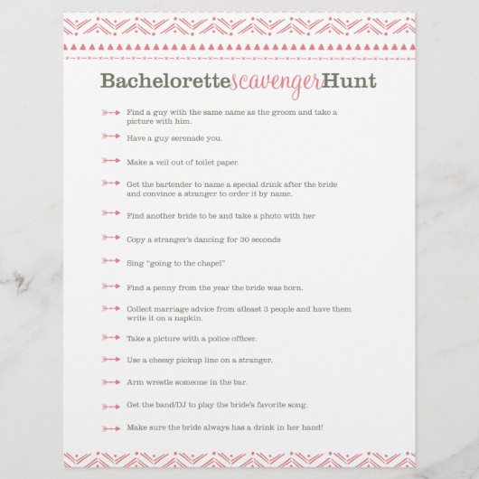 Premade roze Bachelorette Scavenger Hunt Game (Voorkant)