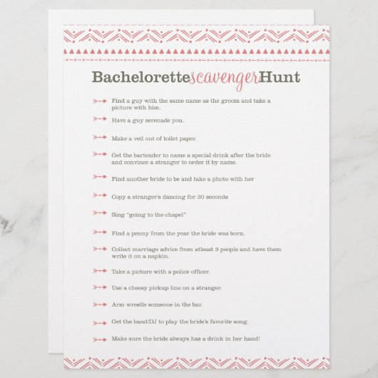Premade roze Bachelorette Scavenger Hunt Game (Voorkant / Achterkant)
