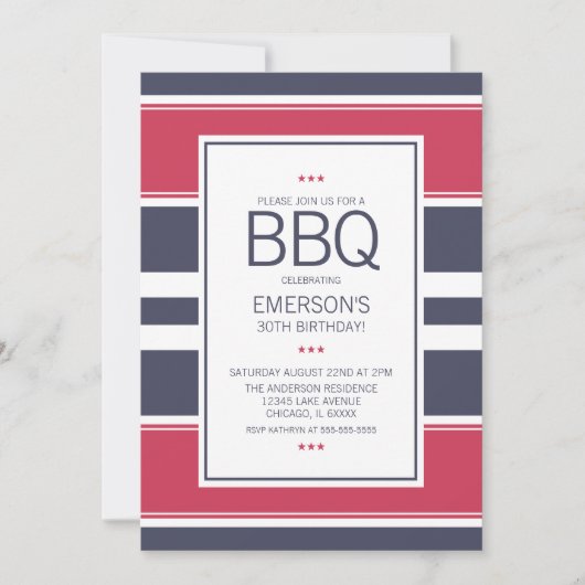 Premier Red, White en Blue BBQ Birthday Invitation Kaart (Voorkant)