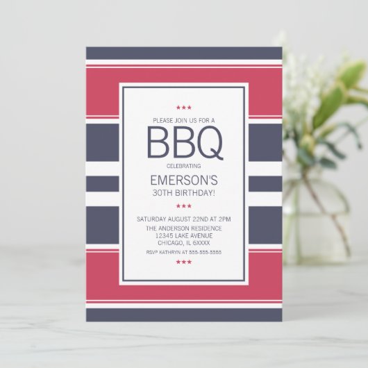 Premier Red, White en Blue BBQ Birthday Invitation Kaart (Staand voorkant)