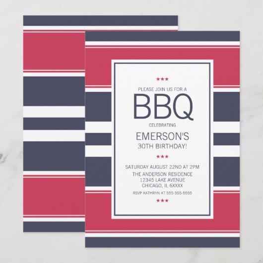 Premier Red, White en Blue BBQ Birthday Invitation Kaart (Voorkant / Achterkant)