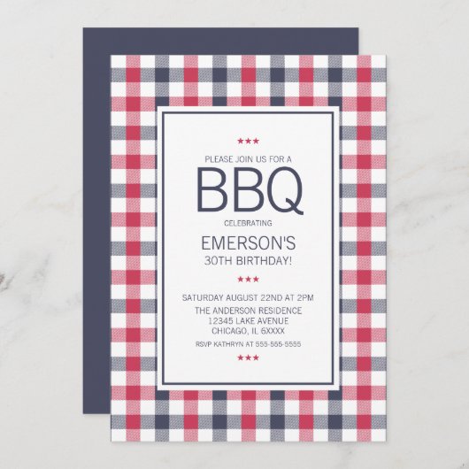 Premier Red, White en Blue BBQ Birthday Invitation Kaart (Voorkant / Achterkant)