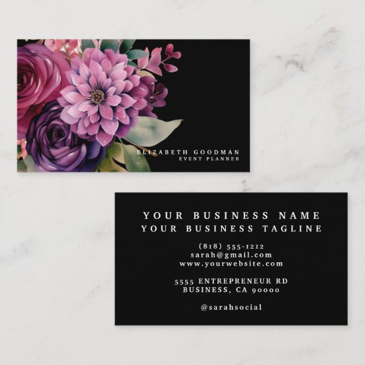 Premier Roze Paarse Bloemen Zwarte Visitekaartjes (Voorkant / Achterkant)