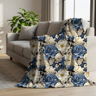 Premieum Blauw Wit Ivoor Bloemrijke Knusse Worpdek Sherpa Deken