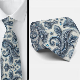 Premieure Blauwe en Witte Diamanten Paisley Heren  Stropdas