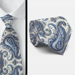 Premieure Blauwe en Witte Diamanten Paisley Heren  Stropdas