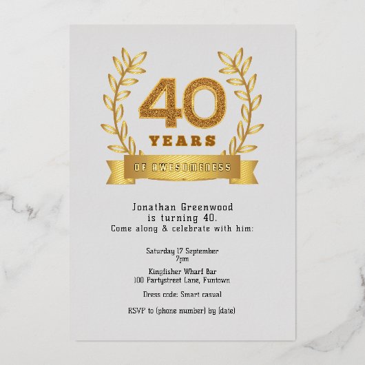 Premium '40 jaar van awesomeness' licht goud folie uitnodiging (Voorkant)