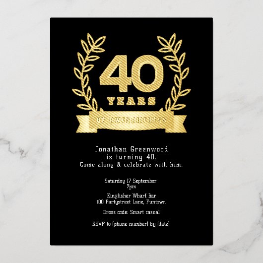 Premium '40 jaar van awesomeness' zwart & goud folie uitnodiging (Voorkant)