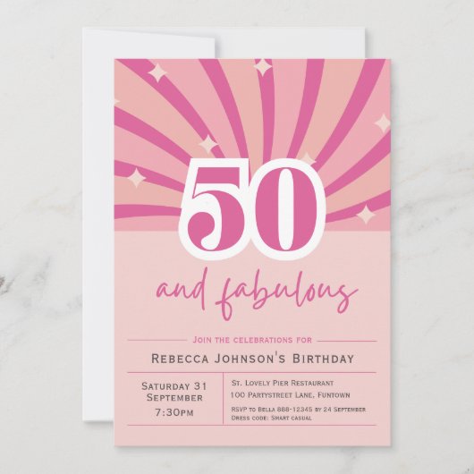 Premium 50e Verjaardag Uitnodiging roze retro (Voorkant)