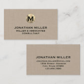 Premium Beige Linen Gold Monogram Visitekaartje (Voorkant / Achterkant)