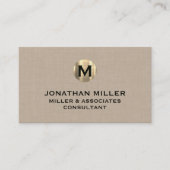 Premium Beige Linen Gold Monogram Visitekaartje (Voorkant)