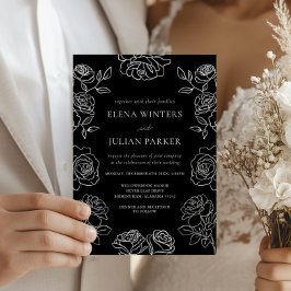 Premium Black And White French Roses Wedding Kaart
