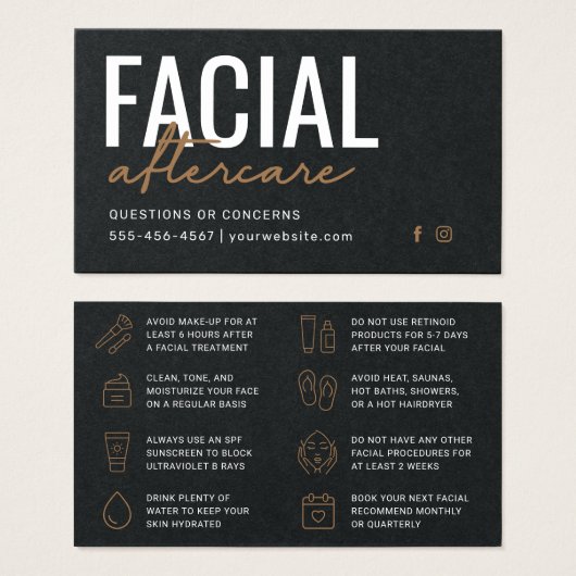 Premium Black Facial Aftercare Instructions Kaart (Voorkant /achterkant)