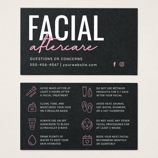 Premium Black Facial Aftercare Instructions Kaart (Voorkant /achterkant)