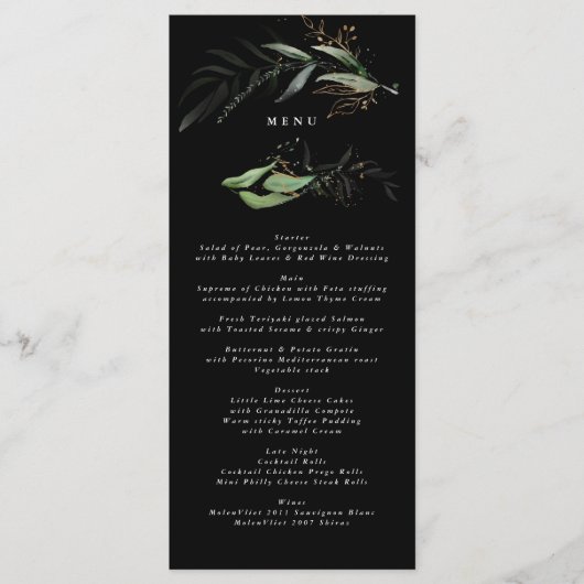 Premium Black Gold Botanical Eucalyptus Greenery Menu (Voorkant)
