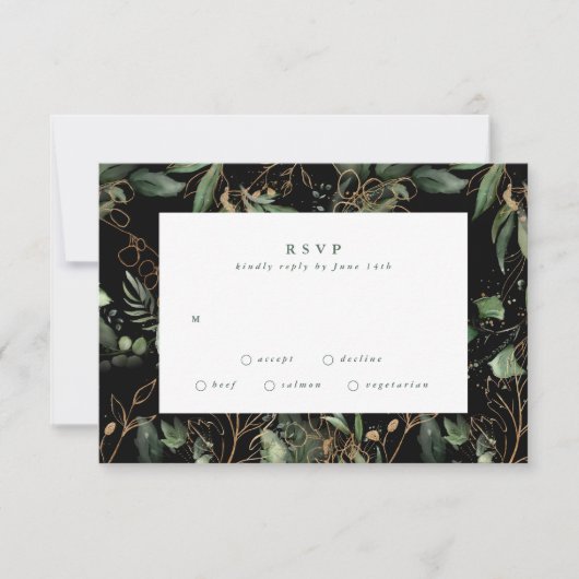 Premium Black Gold Botanical Eucalyptus Greenery RSVP Kaartje (Voorkant)
