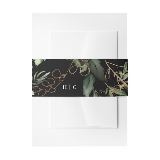 Premium Black Gold Botanical Eucalyptus Monogram Uitnodigingen Wikkel (Voorkant Voorbeeld)
