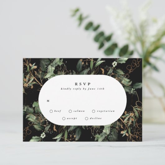 Premium Black Gold Botanische Eucalyptusovaal RSVP Kaartje (Staand voorkant)
