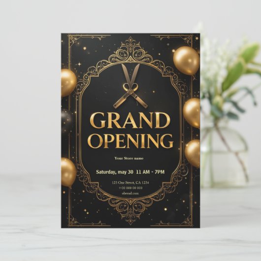 Premium Black & Gold Grand Opening Uitnodiging (Staand voorkant)