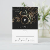 Premium Black Gold Monogram Eucalyptus Weddenschap RSVP Kaartje (Staand voorkant)