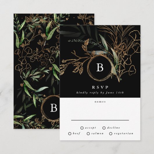 Premium Black Gold Monogram Eucalyptus Weddenschap RSVP Kaartje (Voorkant / Achterkant)