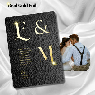 Premium Black Gold Monogram Foto Leerlook Folie Uitnodiging
