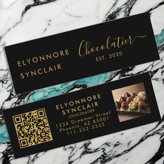 Premium Black Gold Script Chocolatier QR Code Mini Visitekaartje