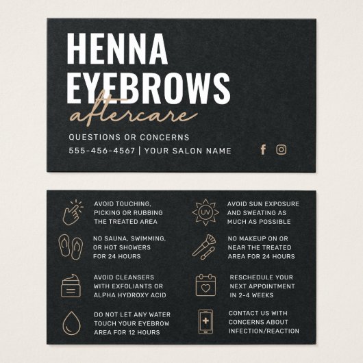 Premium Black Luxury Henna Brows Aftercare Kaart (Voorkant /achterkant)