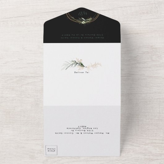 Premium Black Onyx | Boho Greenery | Eucalyptus | All In One Uitnodiging (Buitenkant)