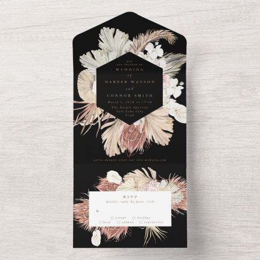Premium Black Pampas Boho Floral Woding Al All In One Uitnodiging (Binnen)