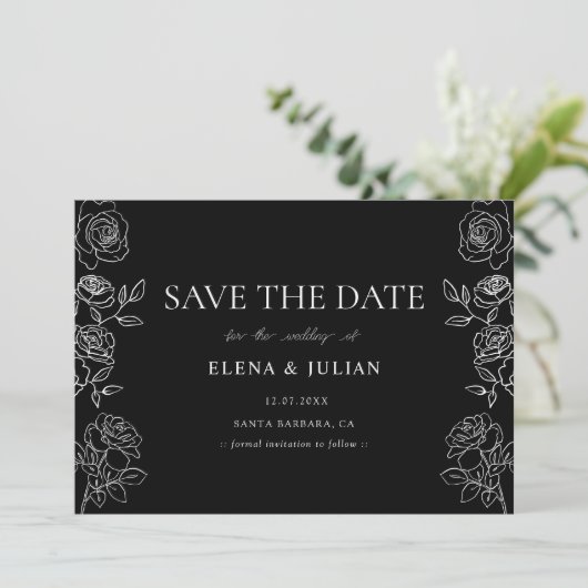 Premium Black & White French Roses Wedding Save The Date (Staand voorkant)
